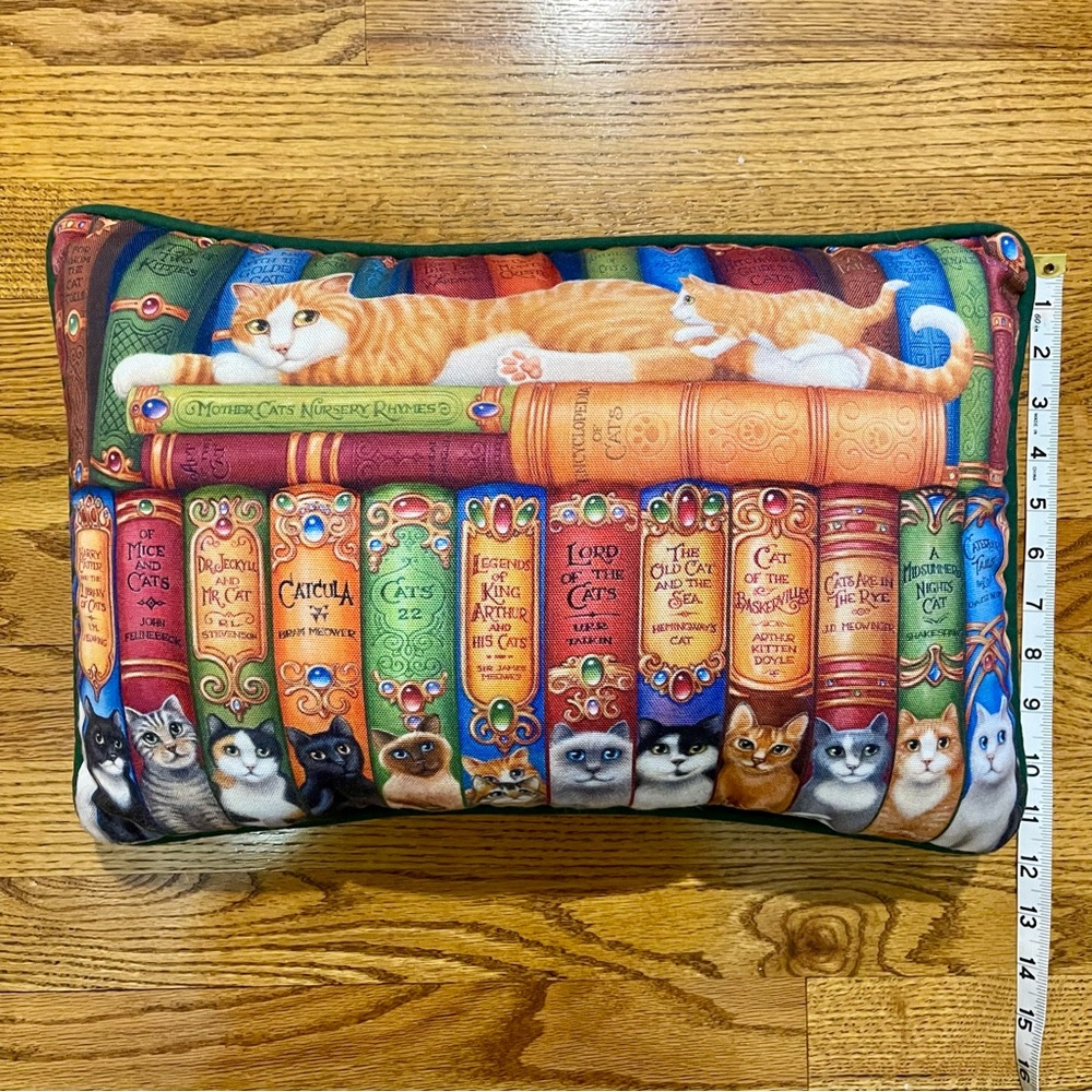 Humorous Whimsical Vibrant Cats and Library Books Decorative Pillow - Picture 9 of 10